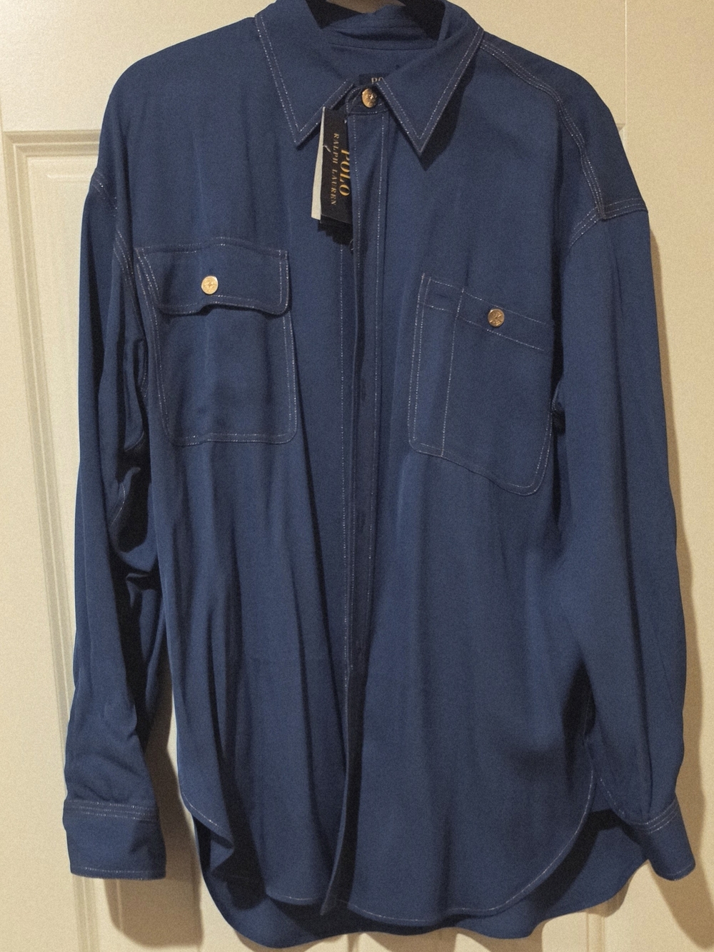 Polo Ralph Lauren Viscose Button Down Shirt with Gold Contrast Stitching Blue